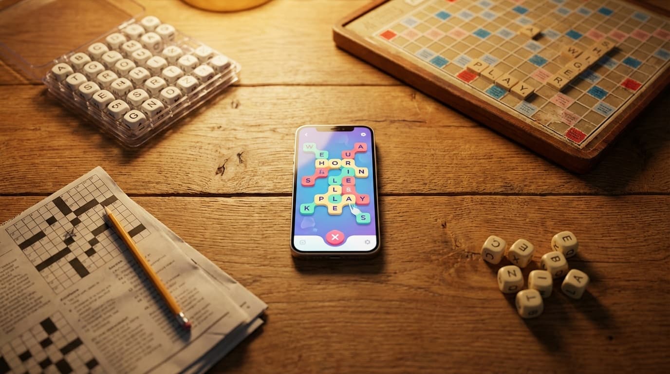 Various word games on a wooden table with a phone showing a modern word game app
