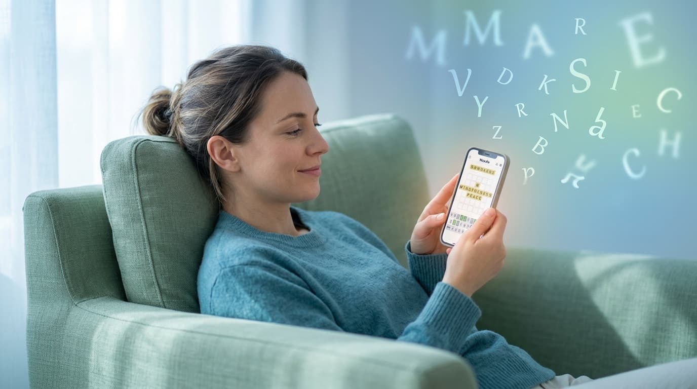 Person relaxing while playing a word game on their phone