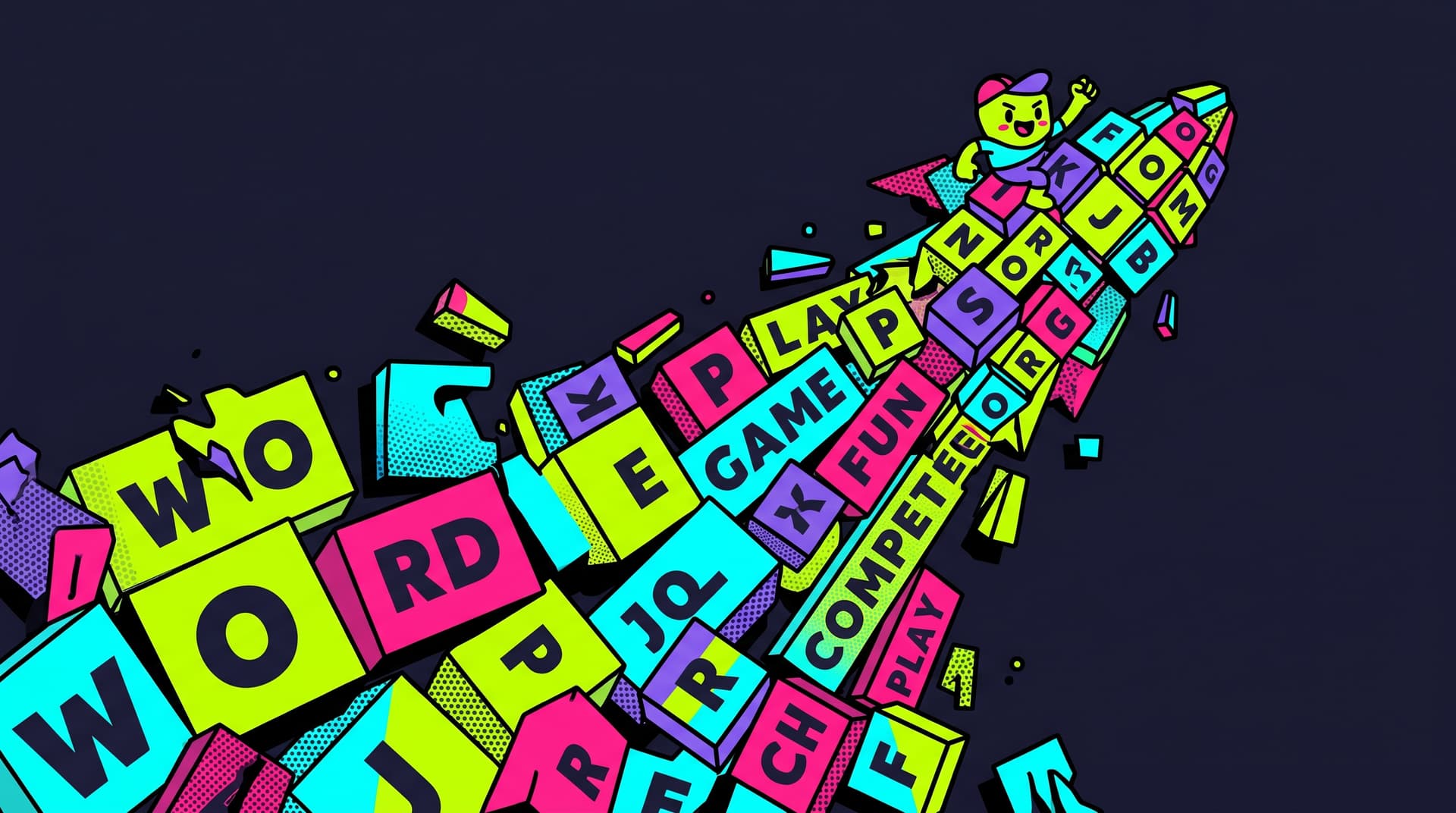 Neo-brutalistisk illustration av bokstavsbrickor som exploderar uppåt som en raket