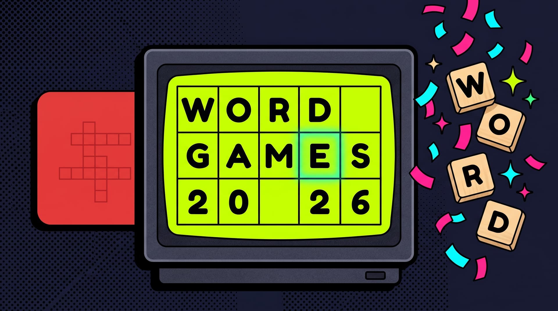 TV画面を支配するワードゲームのネオブルータリストイラスト