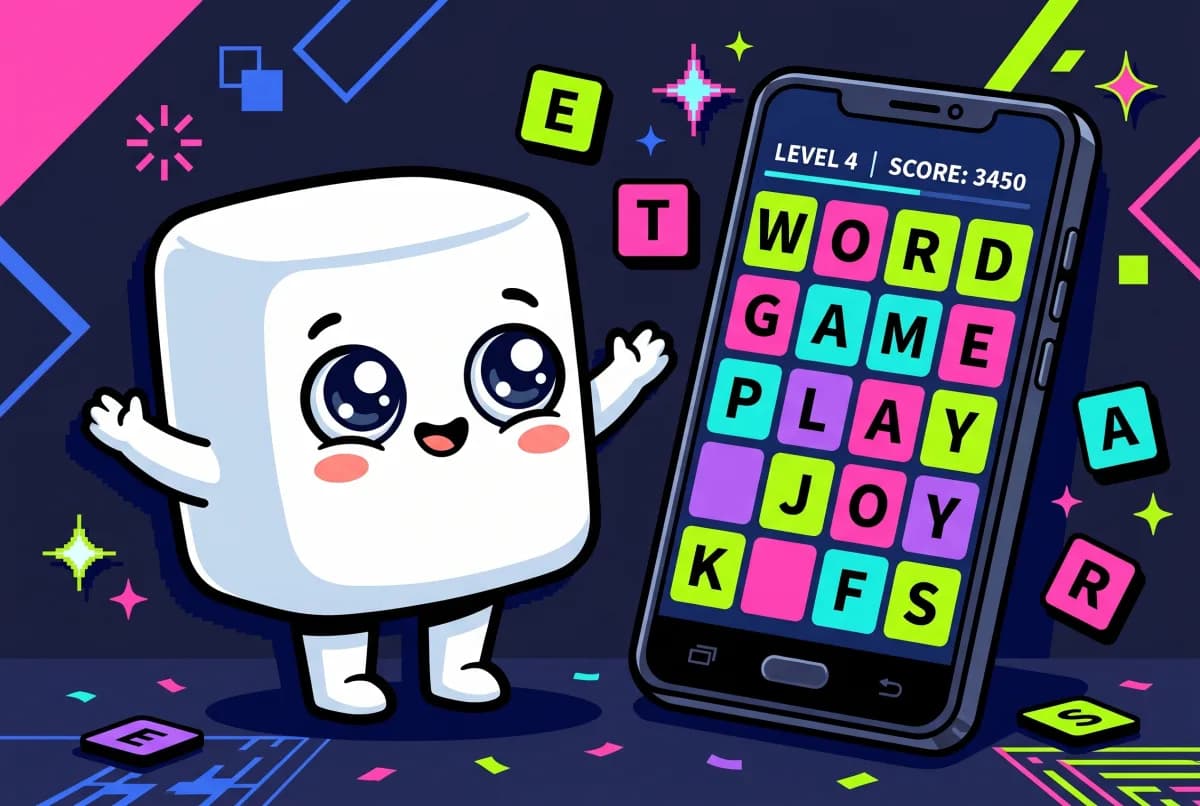 マシュマロキューブのマスコットの隣で Android スマホに表示された LexiClash のワードゲーム