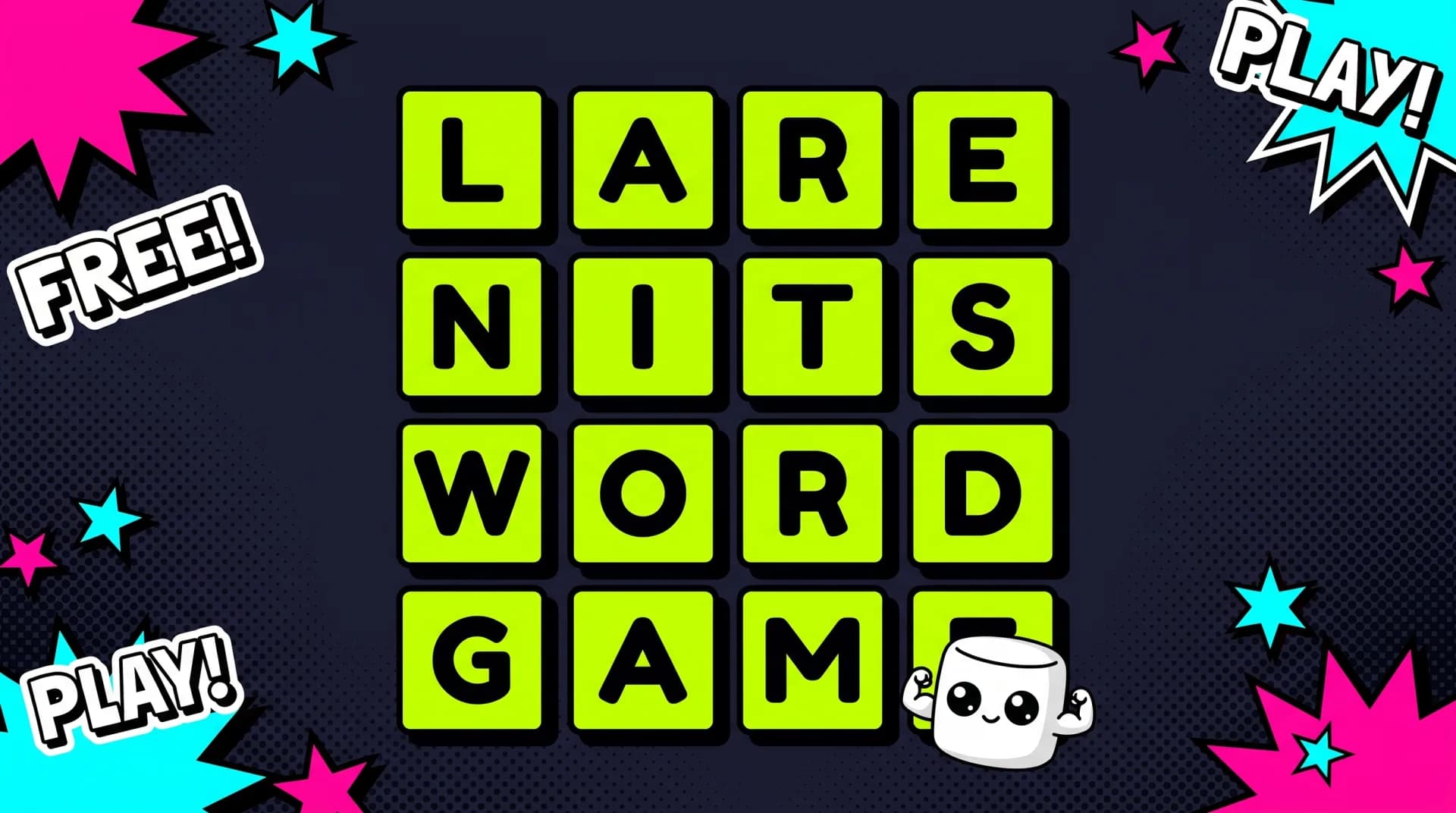 LexiClash Boggle letter grid with kawaii mascot character