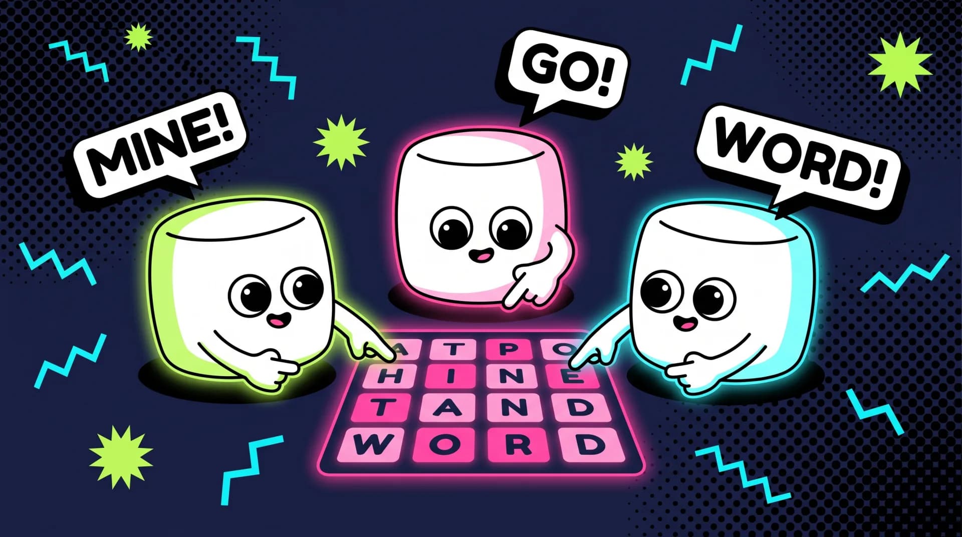 Three mascots competing on a multiplayer Boggle word board