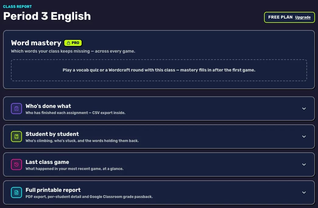 A class report. Each section opens with one tap.
