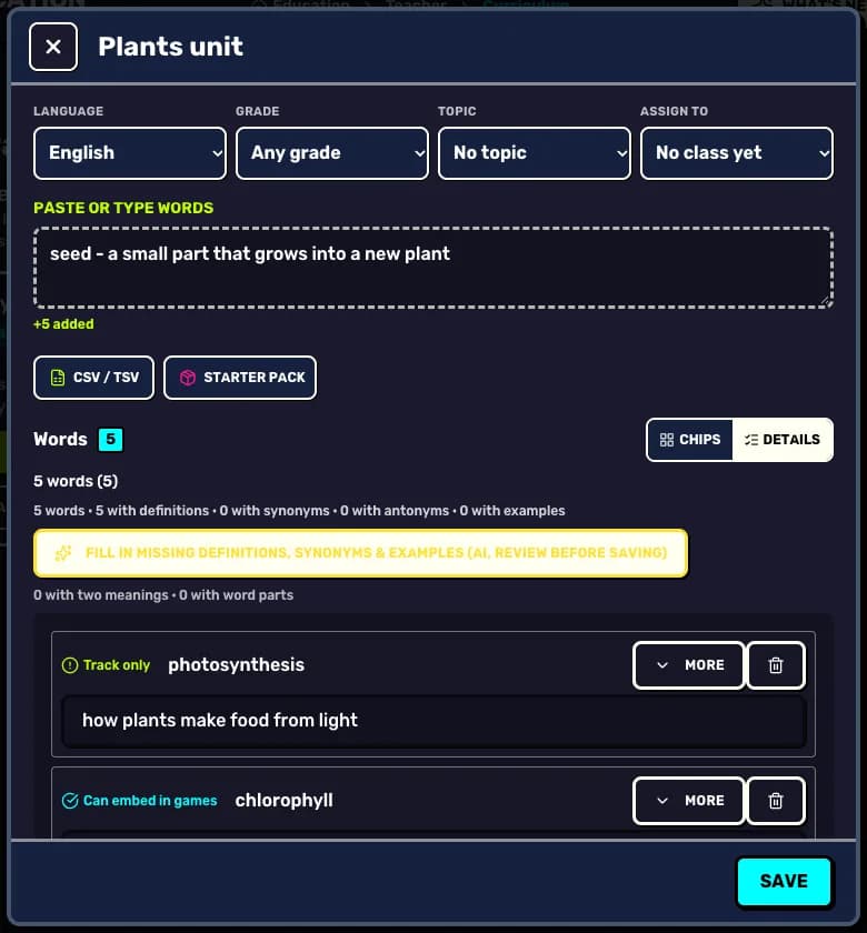 Paste or type the words