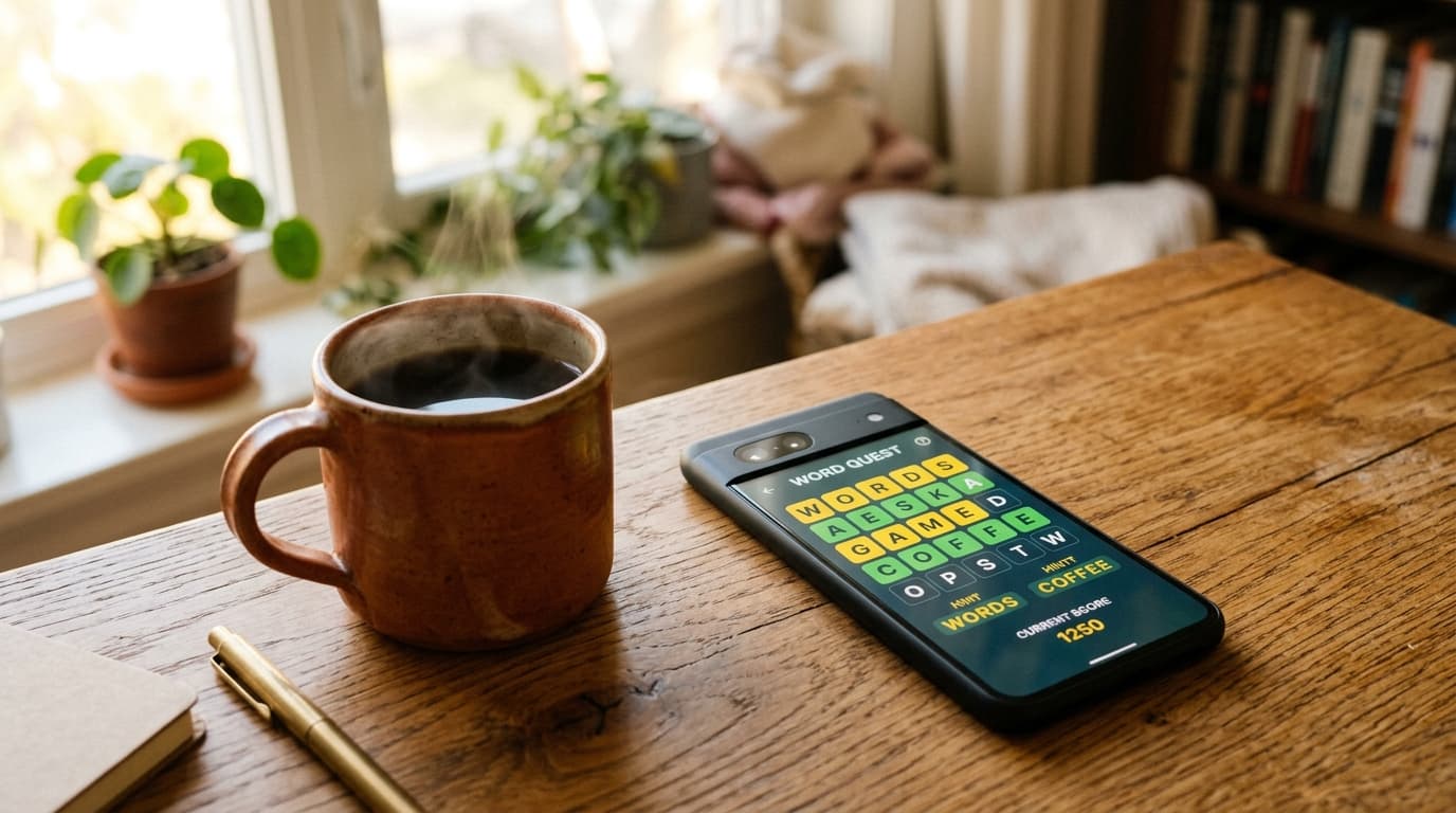 A phone displaying a word game grid with a coffee cup beside it on a wooden desk