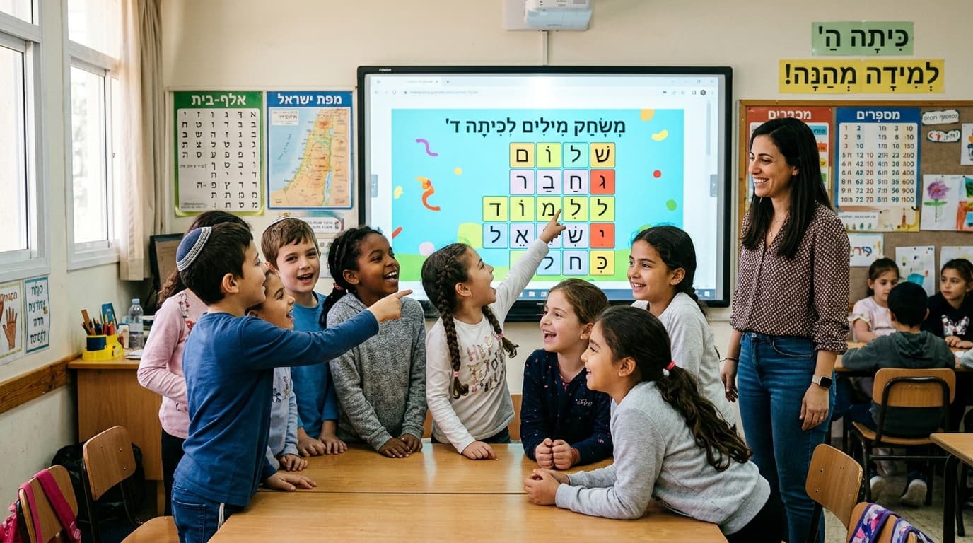 כיתה ישראלית עם תלמידים שמסתכלים על לוח חכם עם משחק מילים בעברית