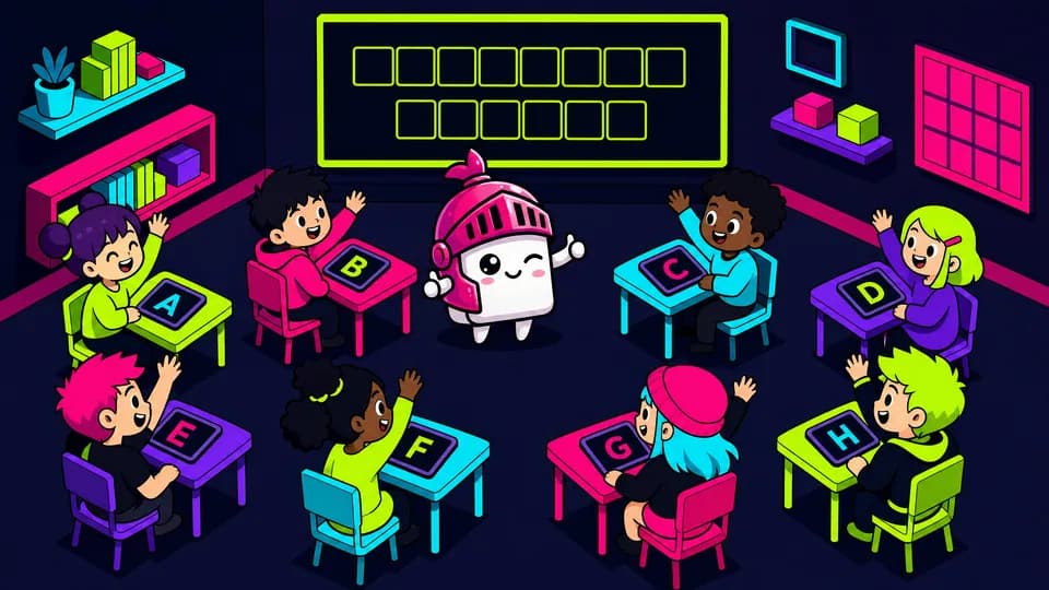 Una profesora mira la clasificación de la clase en directo en la pizarra mientras el alumnado juega desde sus sitios.