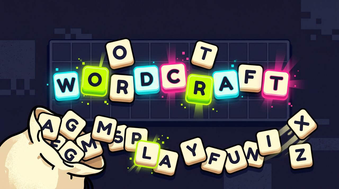 WordCraft: cream letter tiles spelling WORDCRAFT glowing in lime, cyan and pink on a dark navy board, with a drawstring sack spilling more tiles